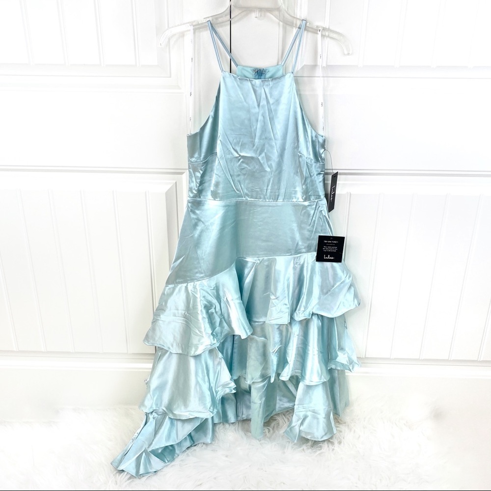 Lulu's Mint Satin Tiered Asymmetrical Midi Dress M - Picture 2 of 5